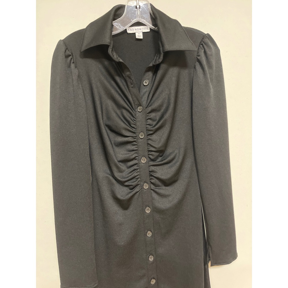 And Now This Womens Black Ruched Button Down Long Sleeve Mini Dress XS